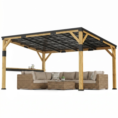 Outsunny 10' x 14' Wooden Gazebo Pergola with Steel Roof, Bar Shelf