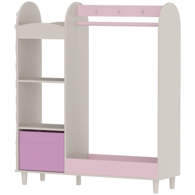 Qaba Kids Clothing Rack, Kids Wardrobe with Glowing Lights Mirror, Non-Woven Drawer and Shelves for Bedroom, Ages 3-8, Pink