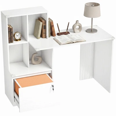 HOMCOM Computer Desk, Office Desk with Bookshelf, File Drawer and Legal Hanging File Holders, White Wood Grain