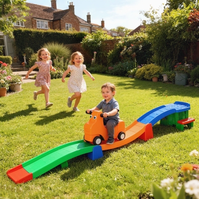 Qaba 9.8 ft Up and Down Roller Coaster for Kids, Thrill 4 Pieces Toddler Roller Coaster Ride on Toy with Side Steps, Sliding Car with Handles, for 2-5 Years Old