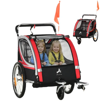 Aosom 2 Seat Bike Trailer for Kids 2-in-1 Double Baby Stroller with Handbrake, Rubber Wheels, 5 Point Harness, Waterproof Cover, Storage Bag, Reflectors, Red