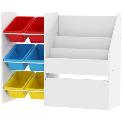 Qaba Kids Bookshelf and Toy Storage, 3-Tier Bookcase with 6 Removable Bins and Box for Toddler Nursery Playroom, Multi