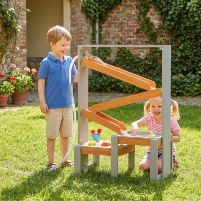 Qaba Wooden Sandbox, Kids Sand and Water Table with Waterway Track and Dual Boxes, Sensory Table for Outdoor, Grey