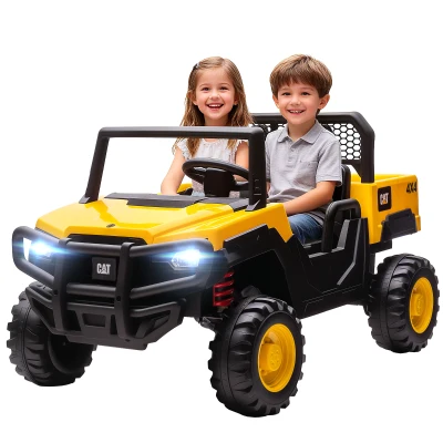 Qaba 24V Kids Ride on Tractor, 4WD 2 Seater Licensed Caterpillar Electric Vehicle with Remote Control, Dump Bed, Yellow