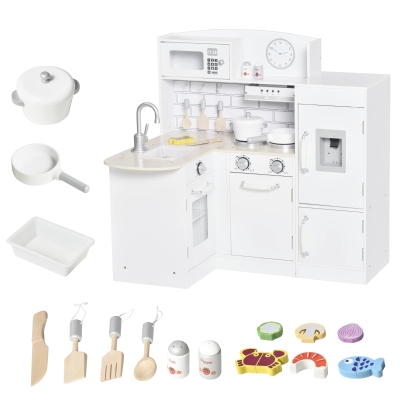 Qaba Kids Wooden Play Kitchen Set with Microwave & Fridge, White