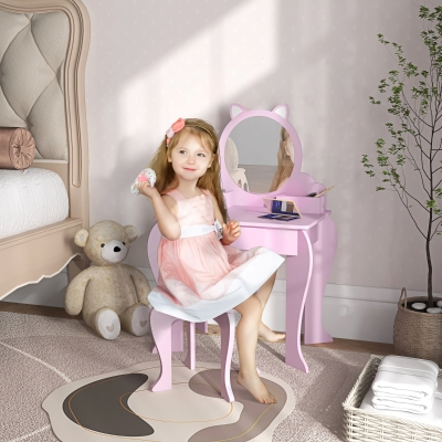 Qaba Makeup Vanity with Mirror and Stool, Cat Design, Drawer, Storage Boxes, for 3-6 Years Old, Pink