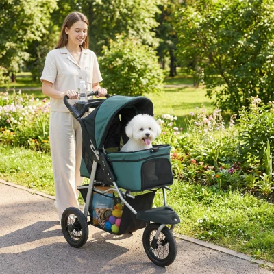 PawHut Foldable Dog Stroller, 12" Wheels, Small Dogs, 22 lbs, Green