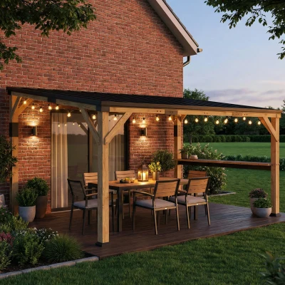 Outsunny 10' x 14' Wooden Gazebo Pergola with Steel Roof, Bar Shelf