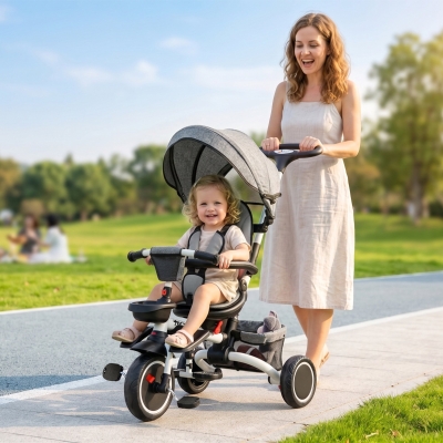 Aosom Tricycle for Toddler 6-in-1 Kids Trike, Foldable Converts Stroller to Baby Push Bike, Adjustable Backrest with Detachable Guardrail & Handle, Brake for 1-4 Years Old, Grey