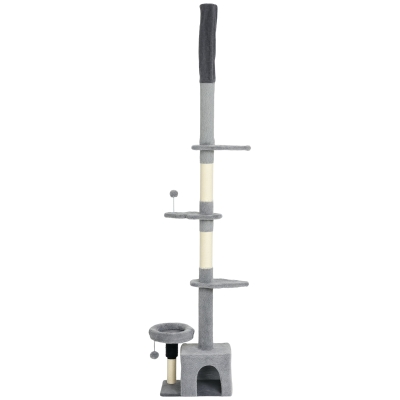 PawHut Floor to Ceiling Cat Tree, 4 Tiers Tall Kitty Climbing Tower with Scratching Post, Adjustable Height 87-100"