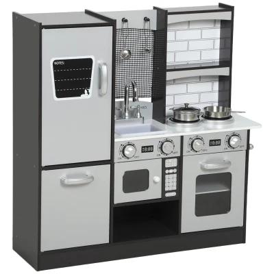 Qaba Play Kitchen for Kids, Pretend Kids Kitchen Playset with Switch Knob Sound, Accessories for Ages 3-8 Years, Dark Brown