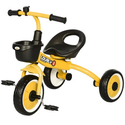 Qaba Tricycle for Toddler 2-5 Year Old Girls and Boys, Toddler Trike with Adjustable Seat, Basket, Bell, Yellow