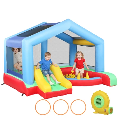 Qaba Bouncy Castle for Kids, Inflatable Bounce House with Slide, Ball Pit, Ring Toss Game, Sunshade and Blower