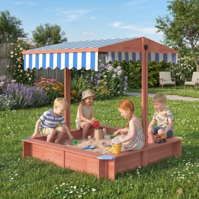 Outsunny Wooden Sandbox with Cover, Kids Sandbox Outdoor with Adjustable Canopy and Seats for Backyard, Beach, Dark Brown