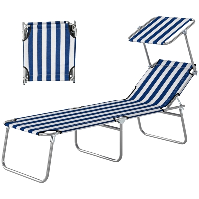 Outsunny Outdoor Folding Chaise Lounge Chair with Sun Shade, Blue/White