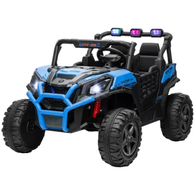 Qaba 2 Seater 24V Electric Car for Kids w/ Remote Control, 3 Speed, LED Lights, Music, Horn, Spring Suspension, Blue