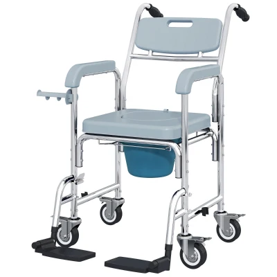 HOMCOM Rolling Shower Chair, Bedside Commode Chair with Wheels, Backrest, Arms, Flip Footrests for Seniors, Disabled, Grey