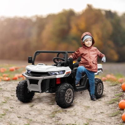 Aosom 12V Ride on Car with Electric Bucket, Two-Seater, Shovel, Remote Control, Spring Suspension, Horn, Music, White