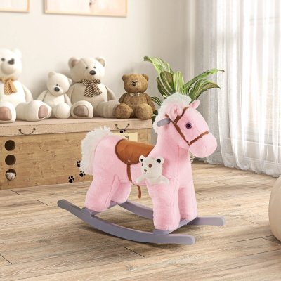 Qaba Kids Rocking Horse Plush Animal on Wooden Rockers with Sounds, Wooden Base and Bear Toy, Baby Rocking Chair, Pink