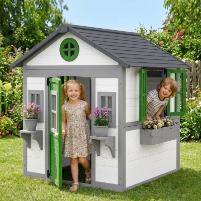 Outsunny Wooden Playhouse for Kids Outdoor with Door, Windows, Planter Pots and Boxes for Toddlers 3-8 Years, White