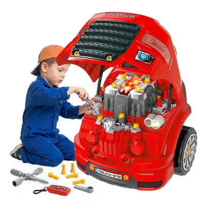 Qaba Kids Truck Engine Toy Set, Car Service Play Set, Red