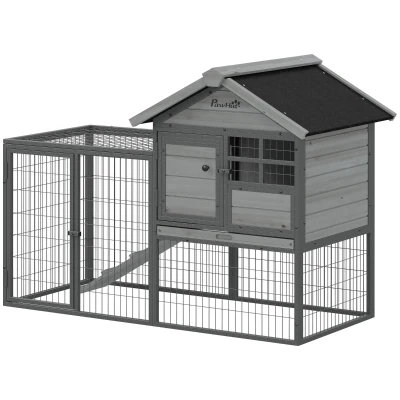 PawHut Rabbit Hutch Outdoor, 48"L Large Wooden Bunny Cage with Run, Grey