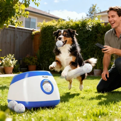 PawHut Automatic Dog Ball Launcher 26-78FT for Medium Large Dogs, Blue
