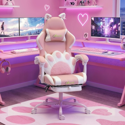 HOMCOM Cute Gaming Chair with Cat Ears, Gamer Computer Chair with Lumbar Support, Footrest, Headrest, Faux Leather, Pink