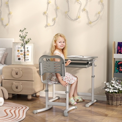 Qaba Height Adjustable Study Table and Chair Set with Drawer, Pen Slot, Tiltable Desktop, Hook, Grey