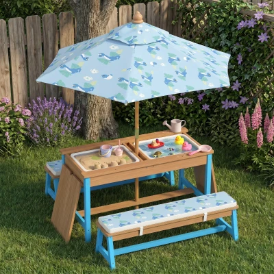 Qaba Kids Picnic Table Set, Blue, Dinosaur Theme, Umbrella
