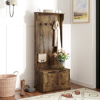HOMCOM 4-In-1 Hall Tree with Coat Rack, Top Shelf, Shoe Storage and Bench Seat, Entryway Bench with 4 Hooks, Rustic Brown
