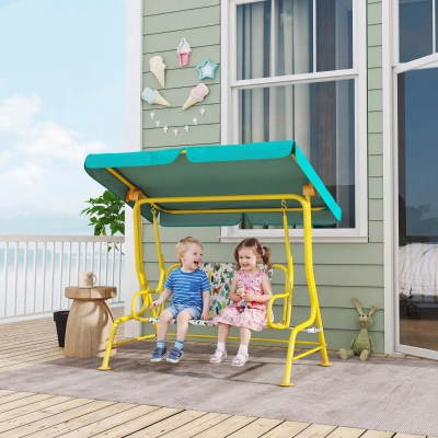 Qaba Kids Porch Swing, 2-Seater Patio Swing Bench with Safety Belts, Adjustable Canopy for Backyard, Garden, Green