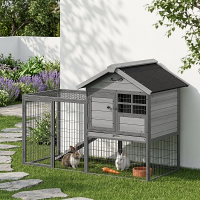 PawHut Rabbit Hutch Outdoor, 48"L Large Wooden Bunny Cage with Run, Grey