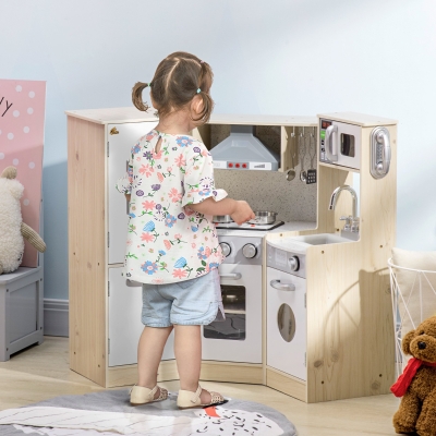 Qaba Wooden Play Kitchen with Lights Sounds, Corner Kids Kitchen Playset with Play Phone, Ice Maker, Microwave, Range Hood, Refrigerator, Utensils, For Ages 3-6 Years Old, White