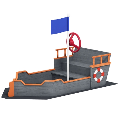 Outsunny Kids Pirate Ship Sandbox Wooden Sandboat w/ Bench, Gray