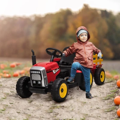 Aosom 12V Electric Ride-On Tractor with Trailer, Red