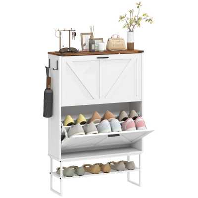HOMCOM Narrow Shoe Storage Cabinet with 2 Flip Drawers, Slim Shoe Cabinet for 15-20 Pairs, White Wood Grain