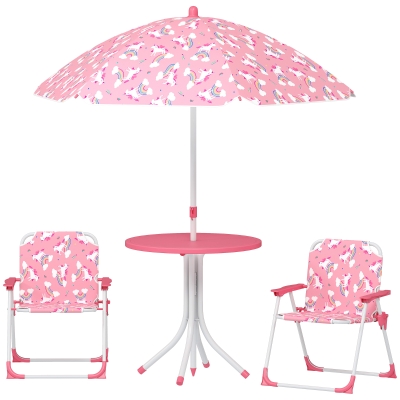 Qaba Kids Picnic Table Set with 2 Folding Chairs & Umbrella, Green