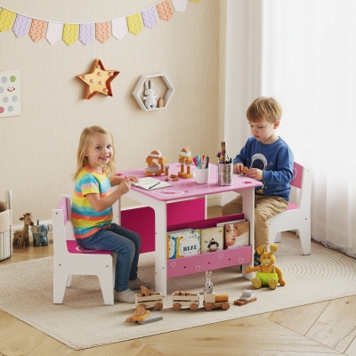 Qaba 3 Pieces Kids Table and Chair Set with Bookshelves, for Classroom, Home, Nursery, Playroom, for Read, Draw, Art, Pink