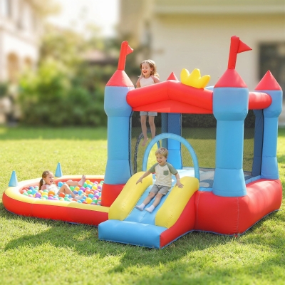 Qaba Bouncy Castle for Kids, Inflatable Bounce House with Slide, Pool/Ball Pit, Basketball Hoop and Blower for Indoor Outdoor