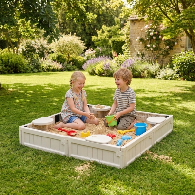 Outsunny Kids Outdoor Sandbox with Canopy, Bottom Fabric Liner, Cream White