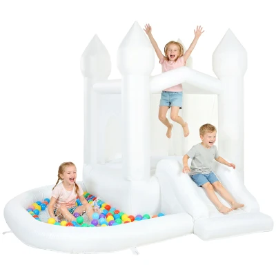 Qaba Inflatable Bouncy Castle for Kids, 3-in-1 White Bounce House with Slide, Ball Pit and 370W Blower, White