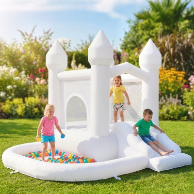 Qaba Inflatable Bouncy Castle for Kids, 3-in-1 White Bounce House with Slide, Ball Pit and 370W Blower, White
