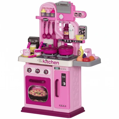 Qaba Kids Play Kitchen with Lights, Sounds, 33 Accessories & Storage for Toddler 3-6 Years