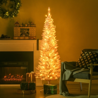 HOMCOM 5' Pre Lit Artificial Pencil Christmas Trees, Xmas Tree with Realistic Branches and Warm White LED Lights, Pink