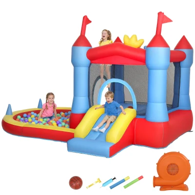 Qaba Bouncy Castle for Kids, Inflatable Bounce House with Slide, Pool/Ball Pit, Basketball Hoop and Blower for Indoor Outdoor