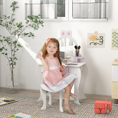 Qaba Kids Makeup Vanity Set with Stool, Mirror, Drawer, Storage Boxes, Rabbit Design, White