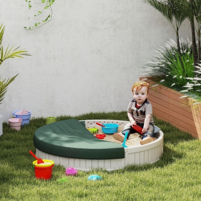 Outsunny Kids Sandbox with Cover, Seat, Sandbox Outdoor for Backyard, Cream White