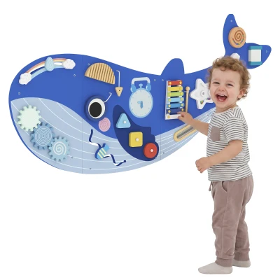 Qaba Whale Activity Wall Busy Board, 13 in 1 Montessori Sensory Wall Panel for Playroom Nursery Classroom Boys Girls 2+, Blue