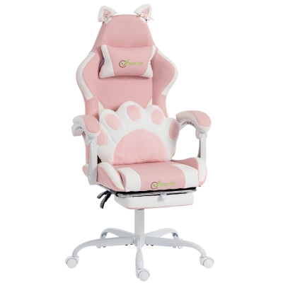 HOMCOM Cute Gaming Chair with Cat Ears, Gamer Computer Chair with Lumbar Support, Footrest, Headrest, Faux Leather, Pink